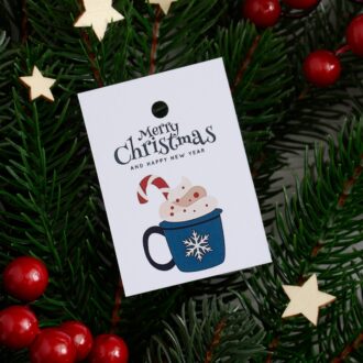 Бірка новорічна 50*70 мм Christmas - New Year чашка синя